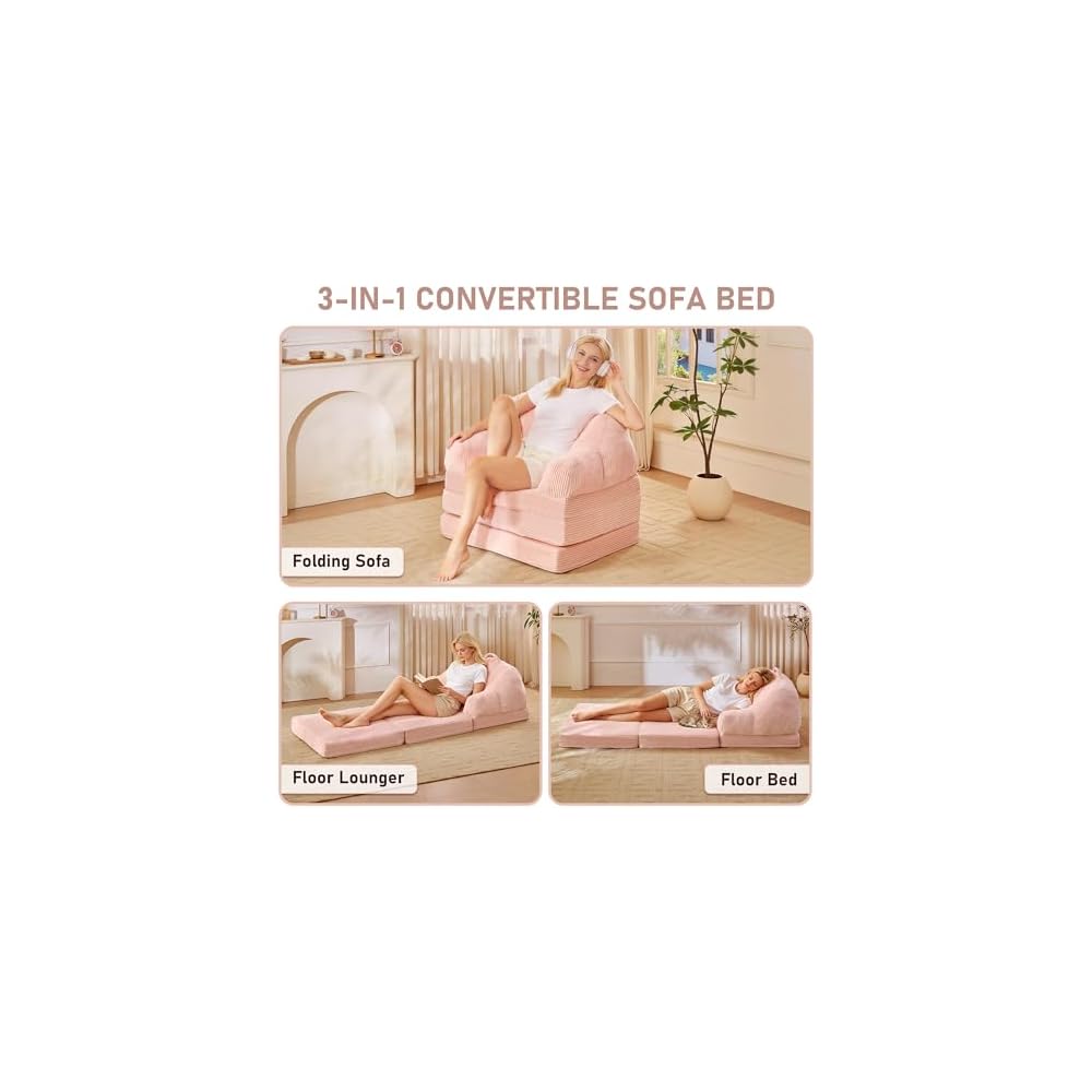 Folding Sofa Bed, 3-in-1 Convertible Boneless Couch with Handle, Floor Lounger & Sleeper Chair for Adults, Comfy Folding Couch Single Sofa for Living Room Bedroom, Pink