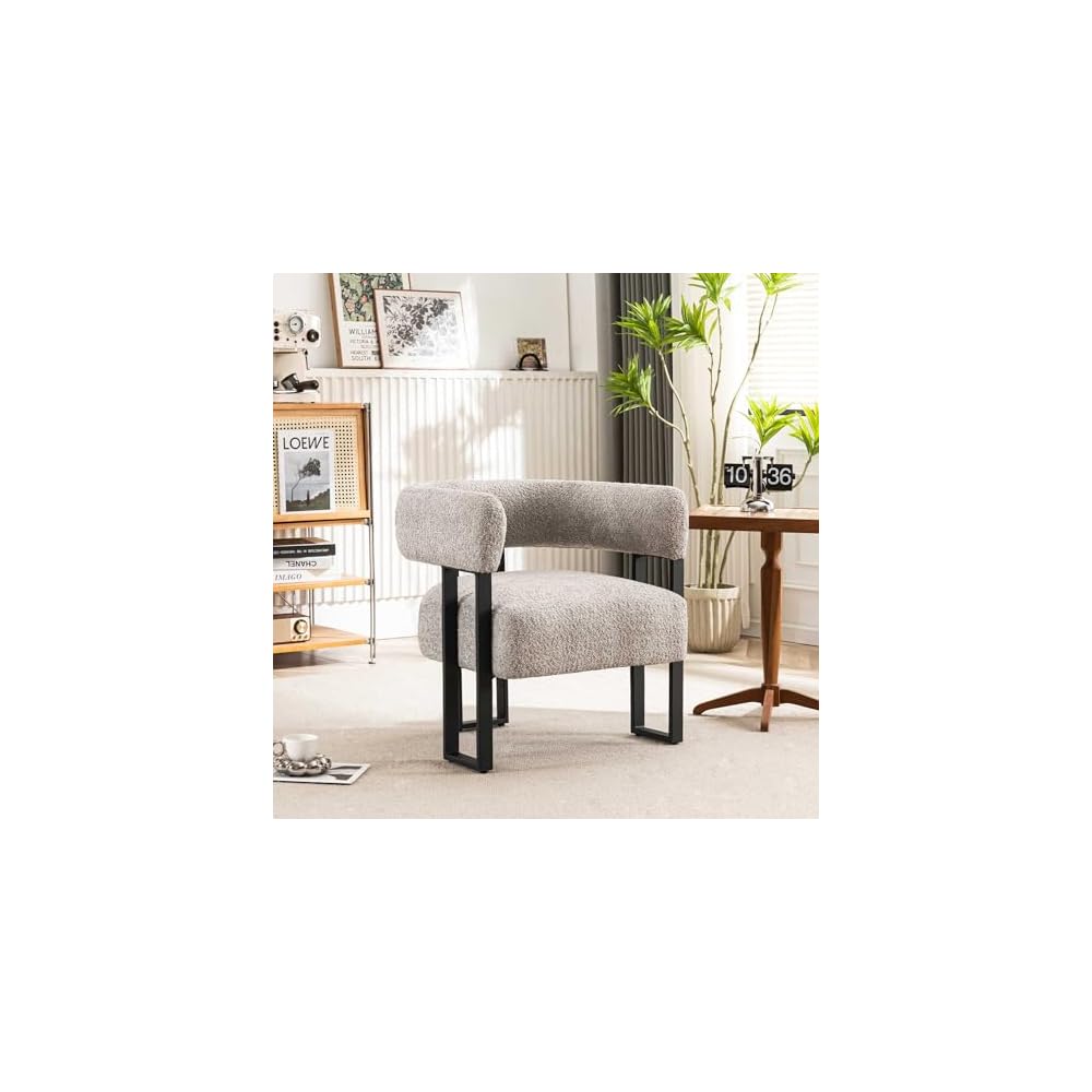 Accent Chair Grey Upholstered Teddy Velvet Single Sofa Modern Corner Round Padded Armrest Club Boucle Armchair for Living Room Bedroom Office Hotel Lounge Nursery Apartment Black Metal Stand
