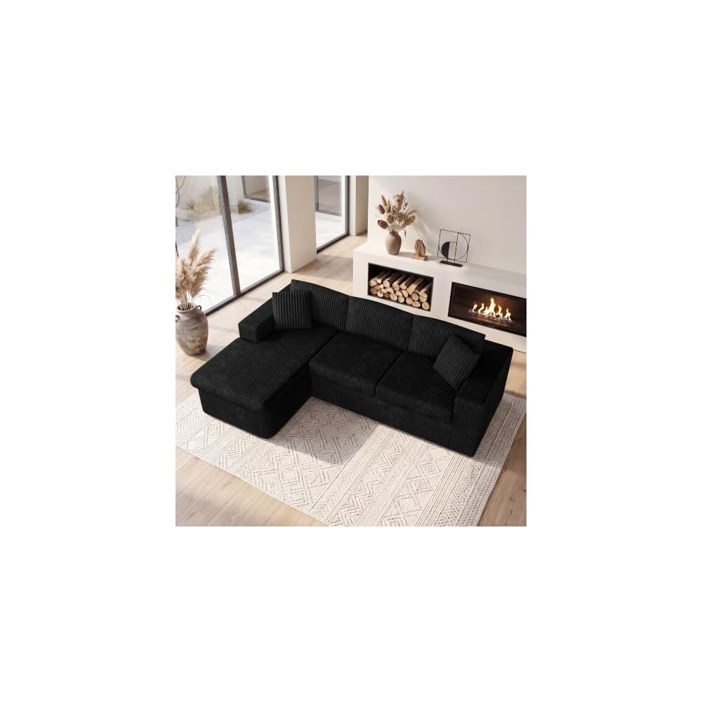103" Boneless Couch, L Shaped Modular Sectional Sofa with Deep Seat, Cloud Foam Couch with Oversized Chaise Lounge, No Assembly Required Plush Corduroy Living Room Furniture, Black
