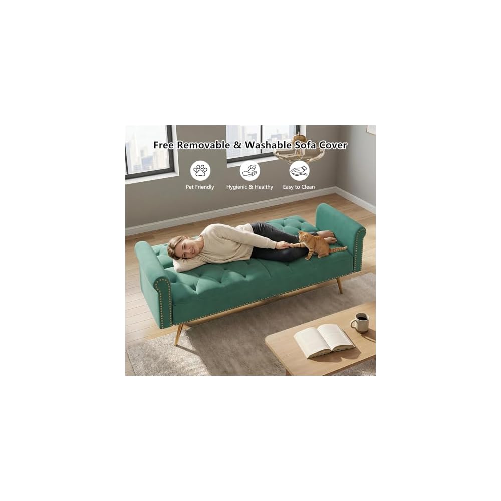 Modern 70" Velvet Sofa Bed Futon,Convertible Sleeper Couch with Adjustable Backrest, Split Back Loveseat with Golden Chrome Legs & 2 Pillows for Small Spaces,Living Room, Apartment (Green)
