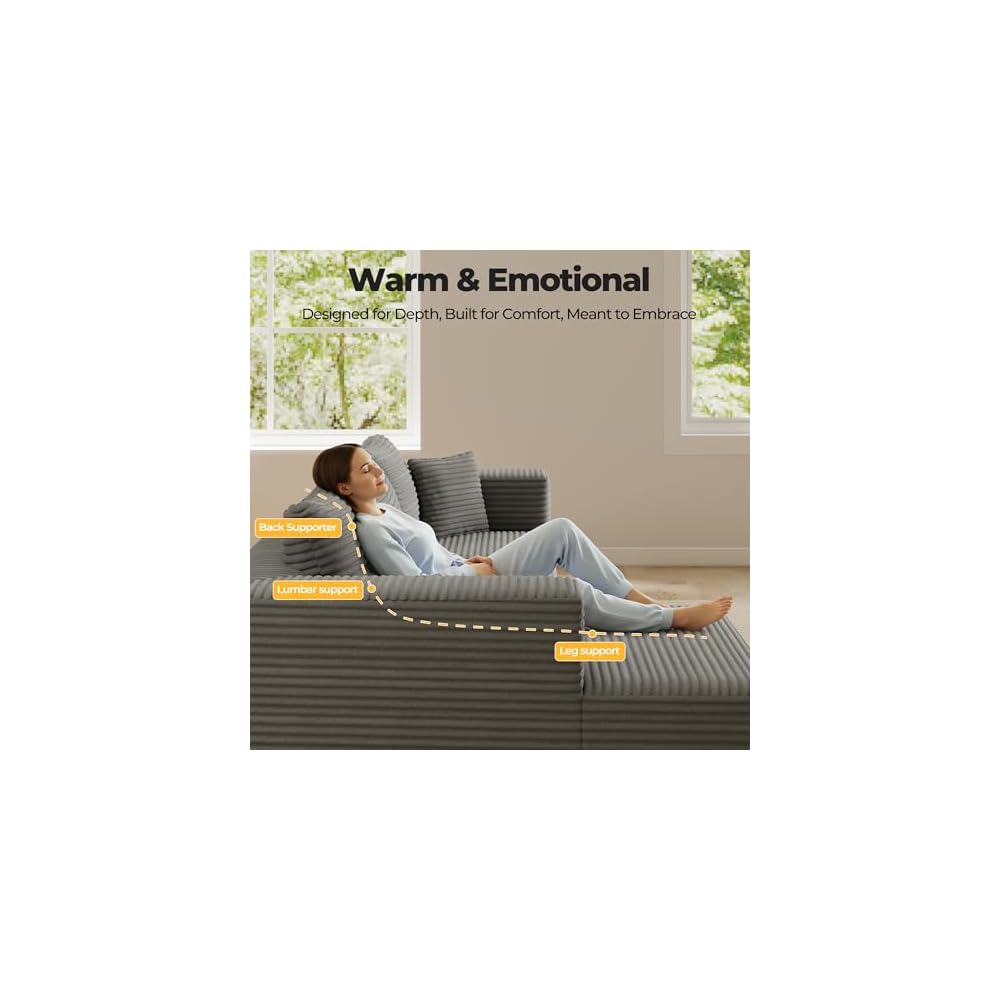 108.4" Sectional Couches for Living Room, Cloud Boneless Sofa with Oversized Chaise, Modular L-Shape Couch, Deep Seat Comfy Corduroy Fluffy Upholstered, No Assembly Required(Dark Grey)