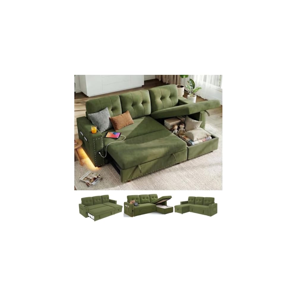 81" LED L-Shaped Sectional Couch, Sleeper Sofa Bed for Living Room, Green