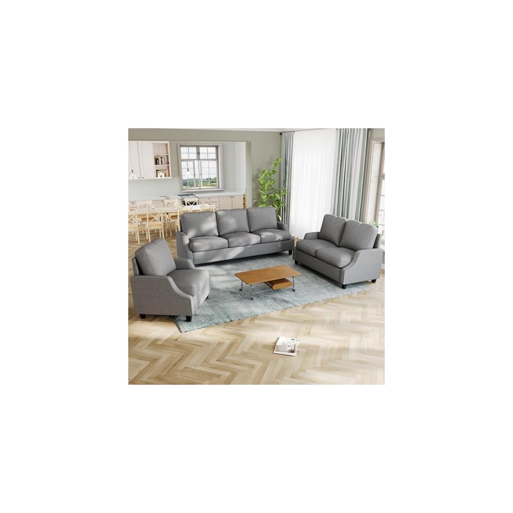 Couch And Loveseat Sets:3 Seater Couch,2 Seater Couch & Accent Chair,Modern Style 6 Seater Sectional Sofa.Adopts skin-friendly fabric for Living Room,Office,or Apartment.(Curved Handrail+Gray)