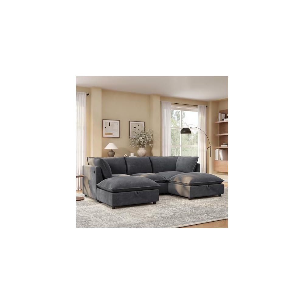 98" Modular Sectional Sofa with Movable Storage Ottoman, U-Shaped Cloud Couch with Fold-Down Backrest Table, Charing Ports, Cup Holders, Chenille Deep Seat Sectional Couches for Living Room, Gray