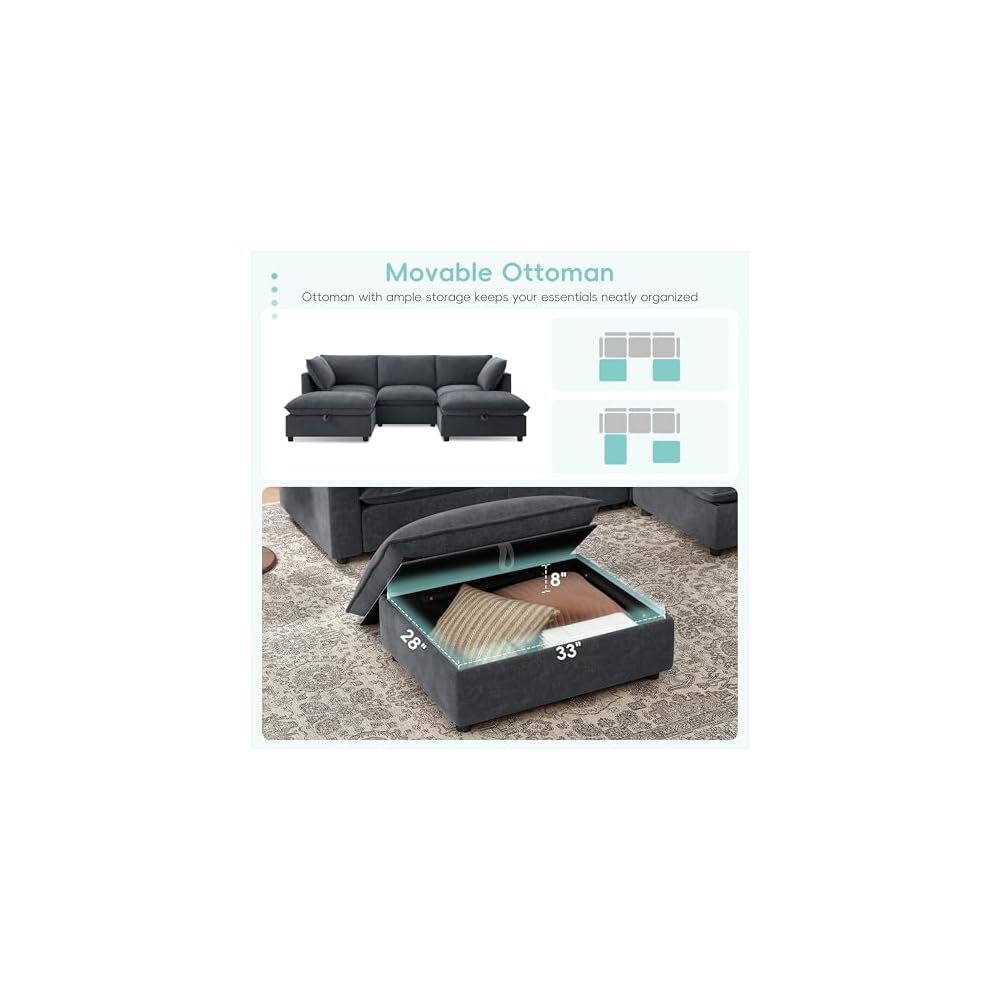 98" Modular Sectional Sofa with Movable Storage Ottoman, U-Shaped Cloud Couch with Fold-Down Backrest Table, Charing Ports, Cup Holders, Chenille Deep Seat Sectional Couches for Living Room, Gray