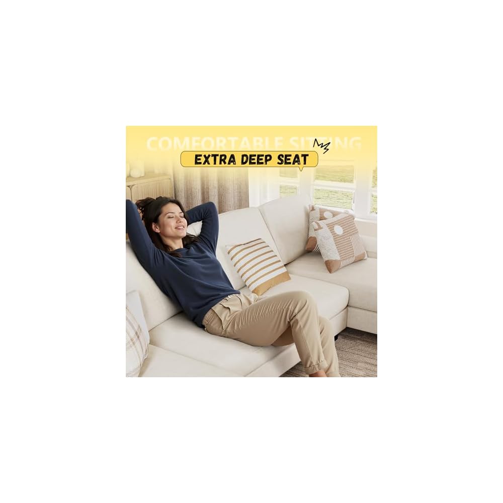 Sectional Couches for Living Room, U Shaped Couch with Chenille Fabric, 4 Seat Modern Sofa with Removable Pillows for Apartment and Small Space (Fabric, White)