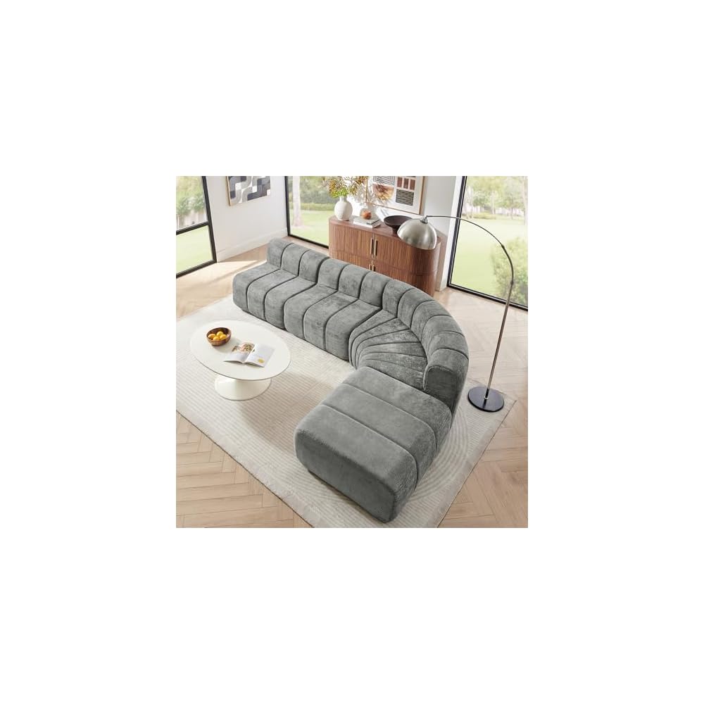 Modular Chenille Sectional Sofa with Curved L-Shape Design & Detachable Ottoman, Soft High-Density Fabric for Living Room, Apartment, Small Space, No Assembly Required, Dark Gray