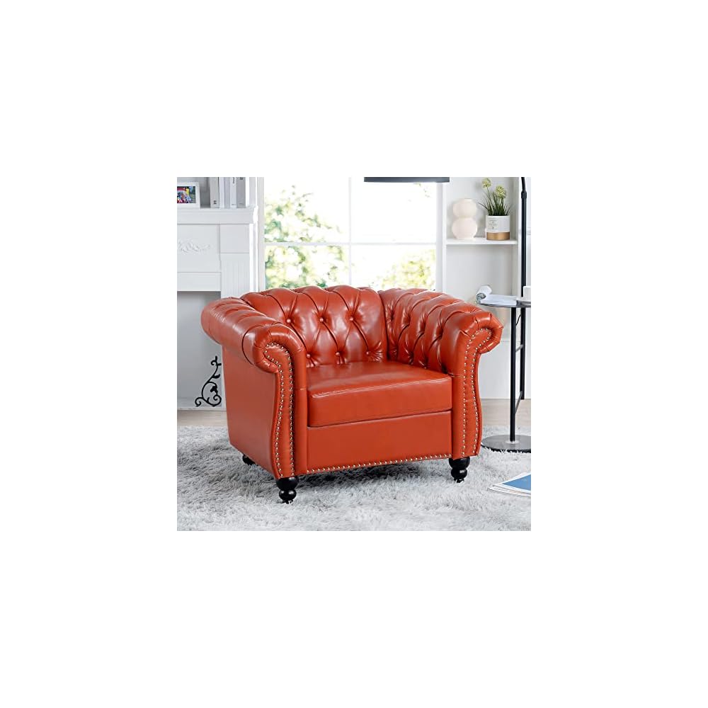 39" Chesterfield Tufted Sofa Chair, Midcentury Modern 1 Seater Couch with Deep Seat Cushions, Accent Strip, Rolled Arms & Solid Wood Legs, PU Leather Accent Sofa for Living Room, Orange