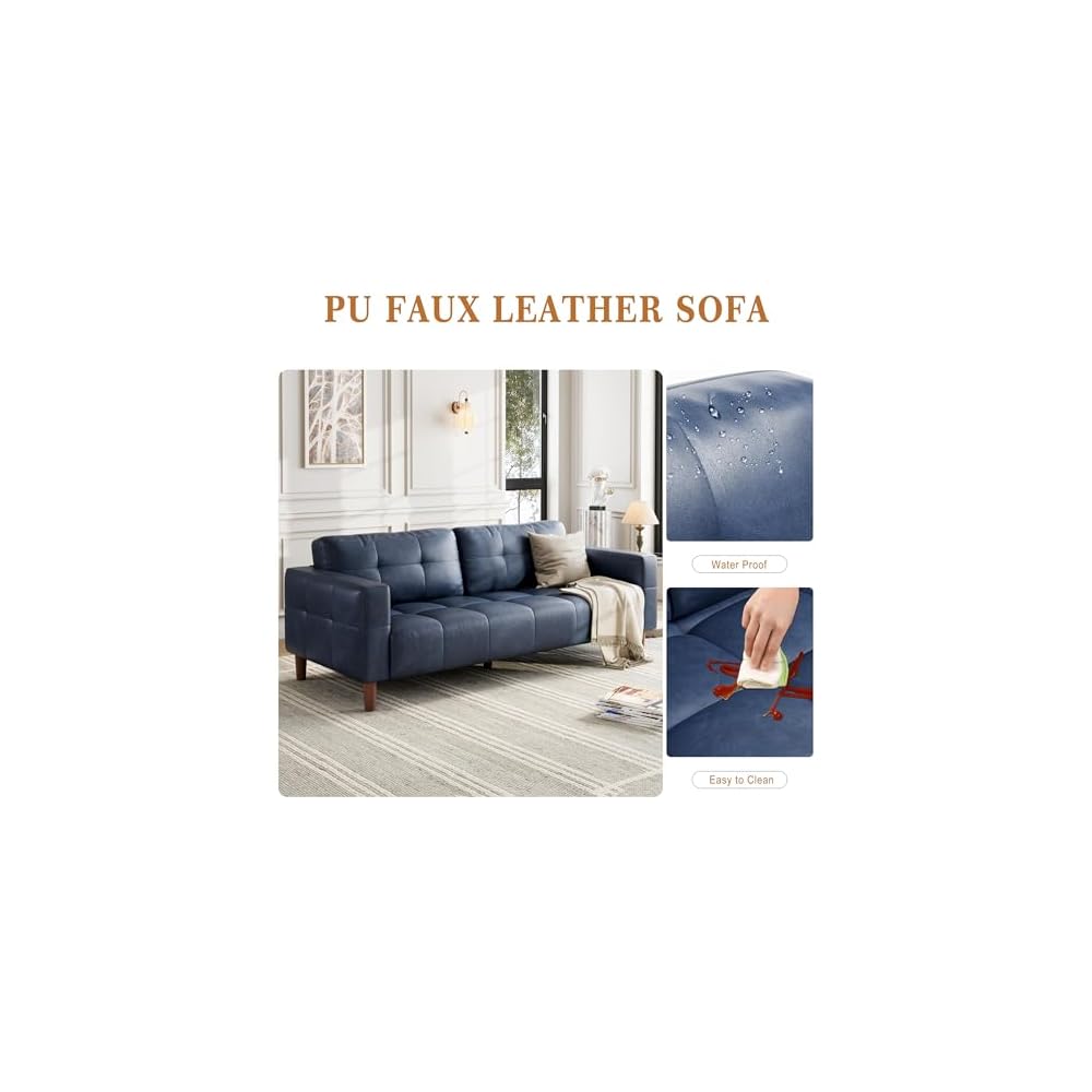 83” Blue Faux Leather Couch, 3 Seater Sofa Couches