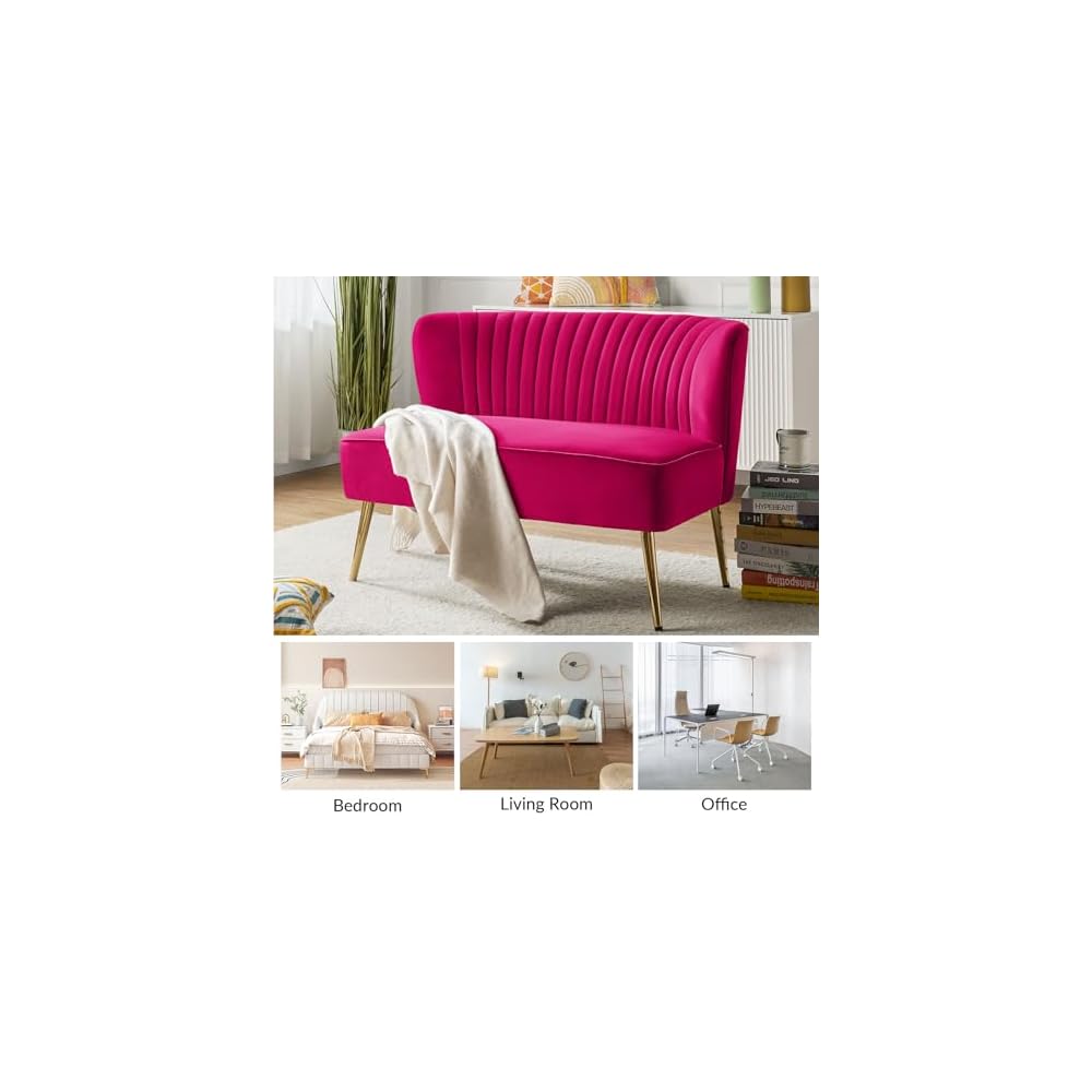Contemporary Velvet Loveseat Sofa, Upholstered Loveseat Couch with Golden Metal Legs, Small Tufted 2-Seat Sofa Armless Love Seat for Living Room, Bedroom, Apartment Small Spaces, Fuchsia
