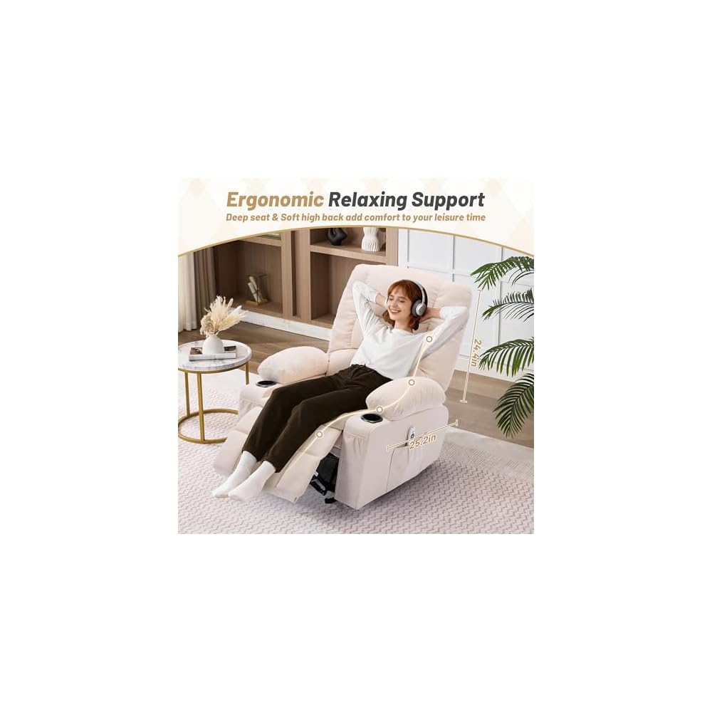 Rocker Recliner Chair with Massage and Heat, Nursery Rocking Chairs for Living Room, Ergonomic Comfy Relining Chair with Cup Holders, USB Charge Port, Side Pockets, Comfortable Arm, Single Sofa, Beige