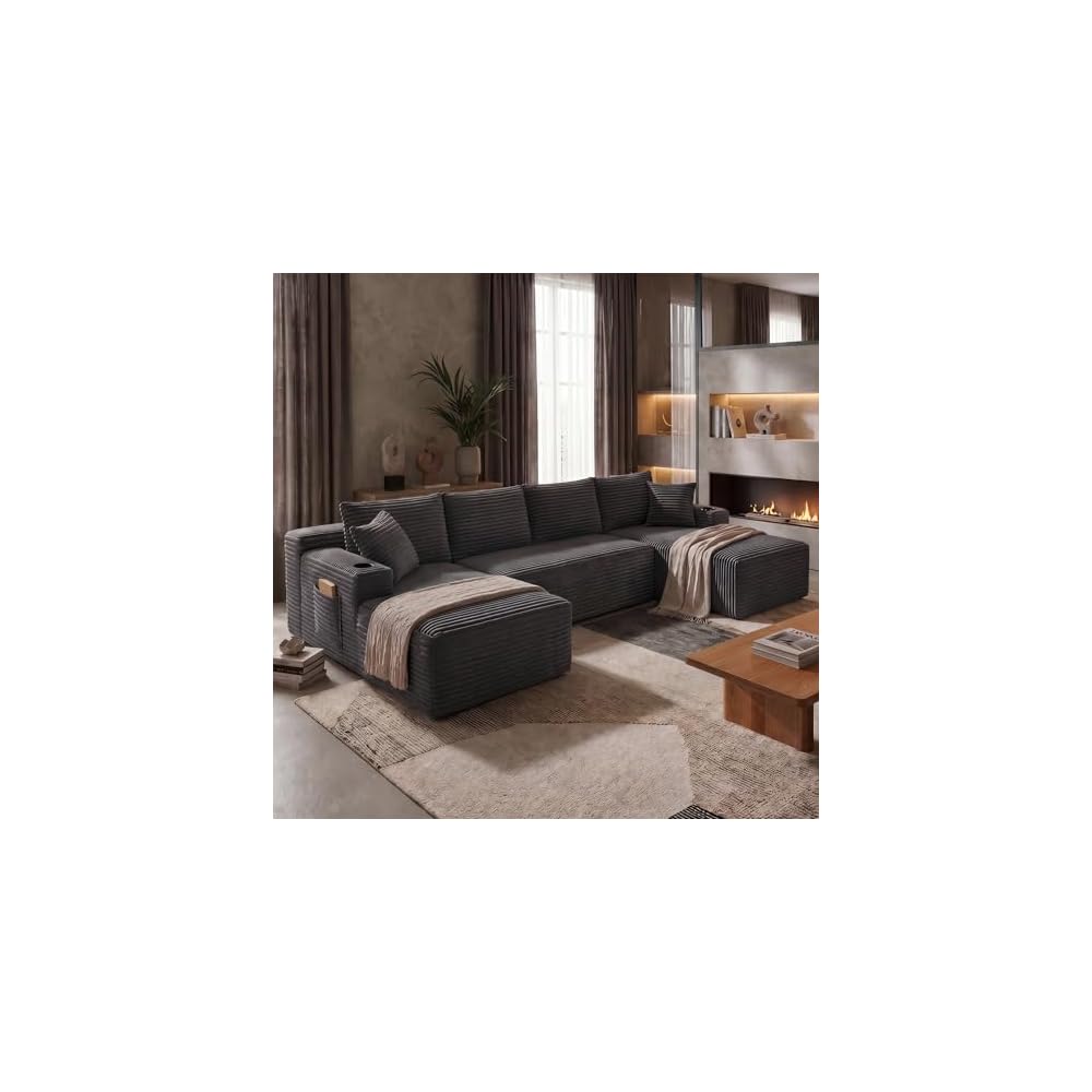125" U Shape Sectional Couch, Boneless Couches for Living Room, Dark Grey