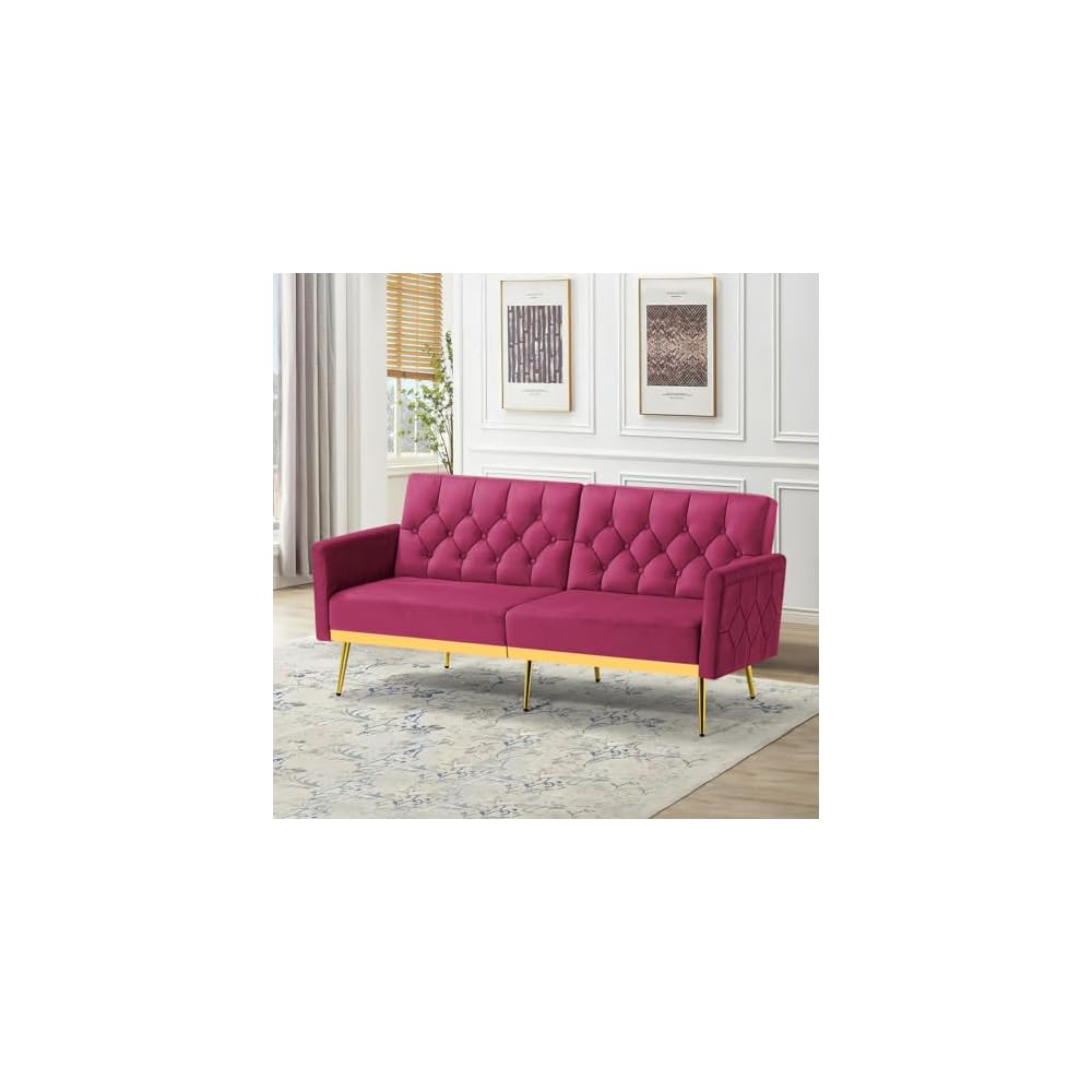 Velvet Sofa Bed w/Adjustable Armrests & Backrests, Fuchsia