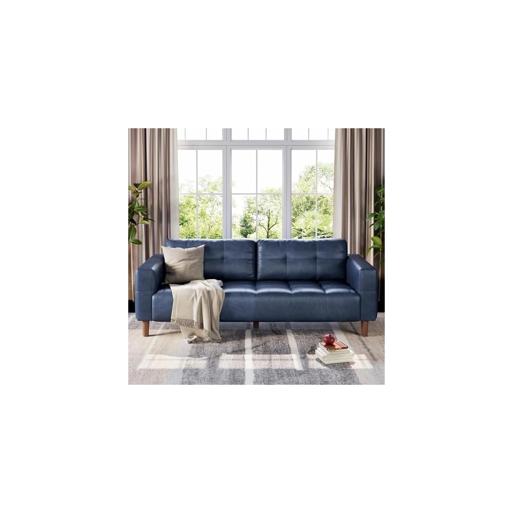 83” Blue Faux Leather Couch, 3 Seater Sofa Couches