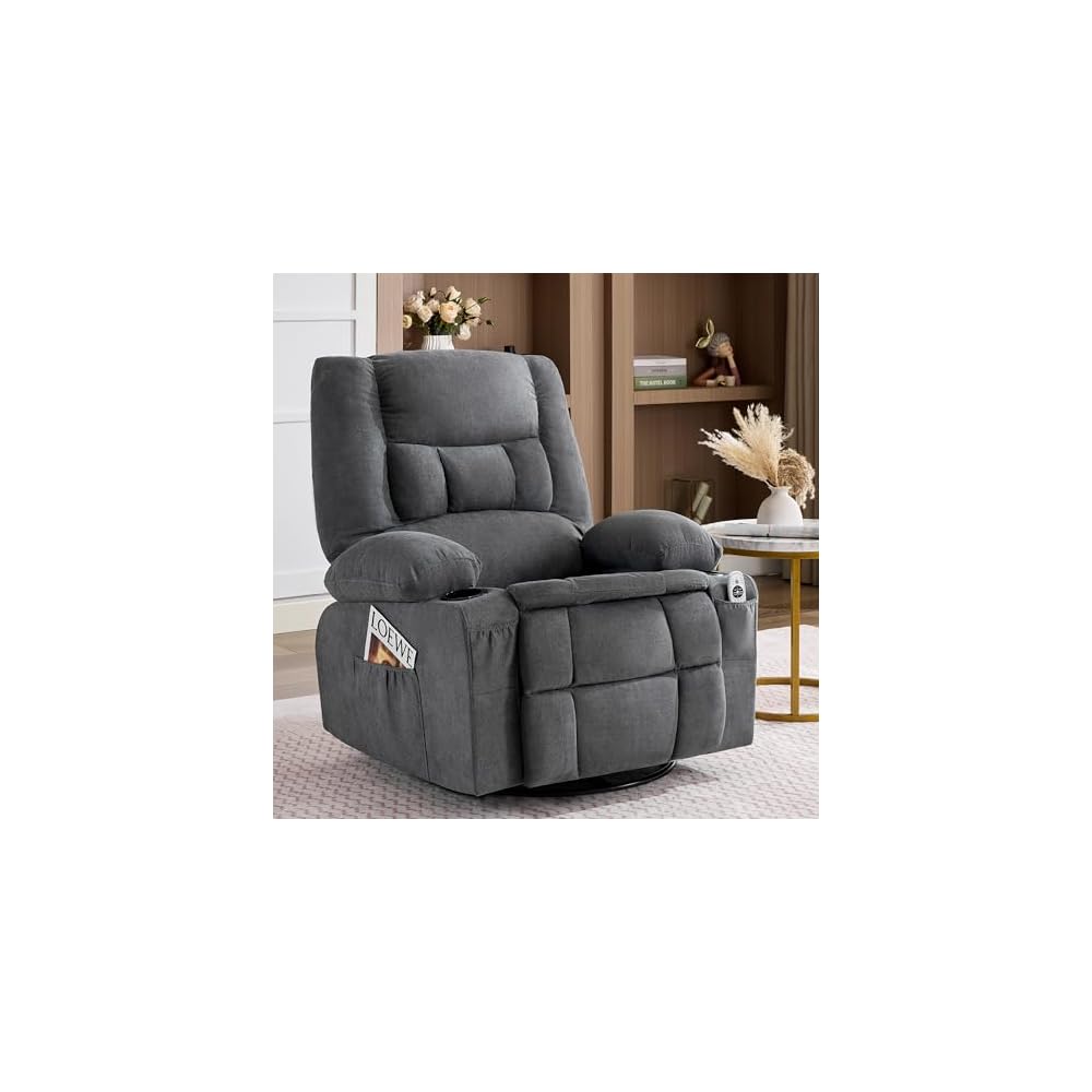Rocker Recliner Chair with Massage and Heat, Nursery Rocking Chairs for Living Room, Ergonomic Comfy Relining Chair with Cup Holders, USB Charge Port, Side Pockets, Comfortable Arm, Single Sofa, Beige