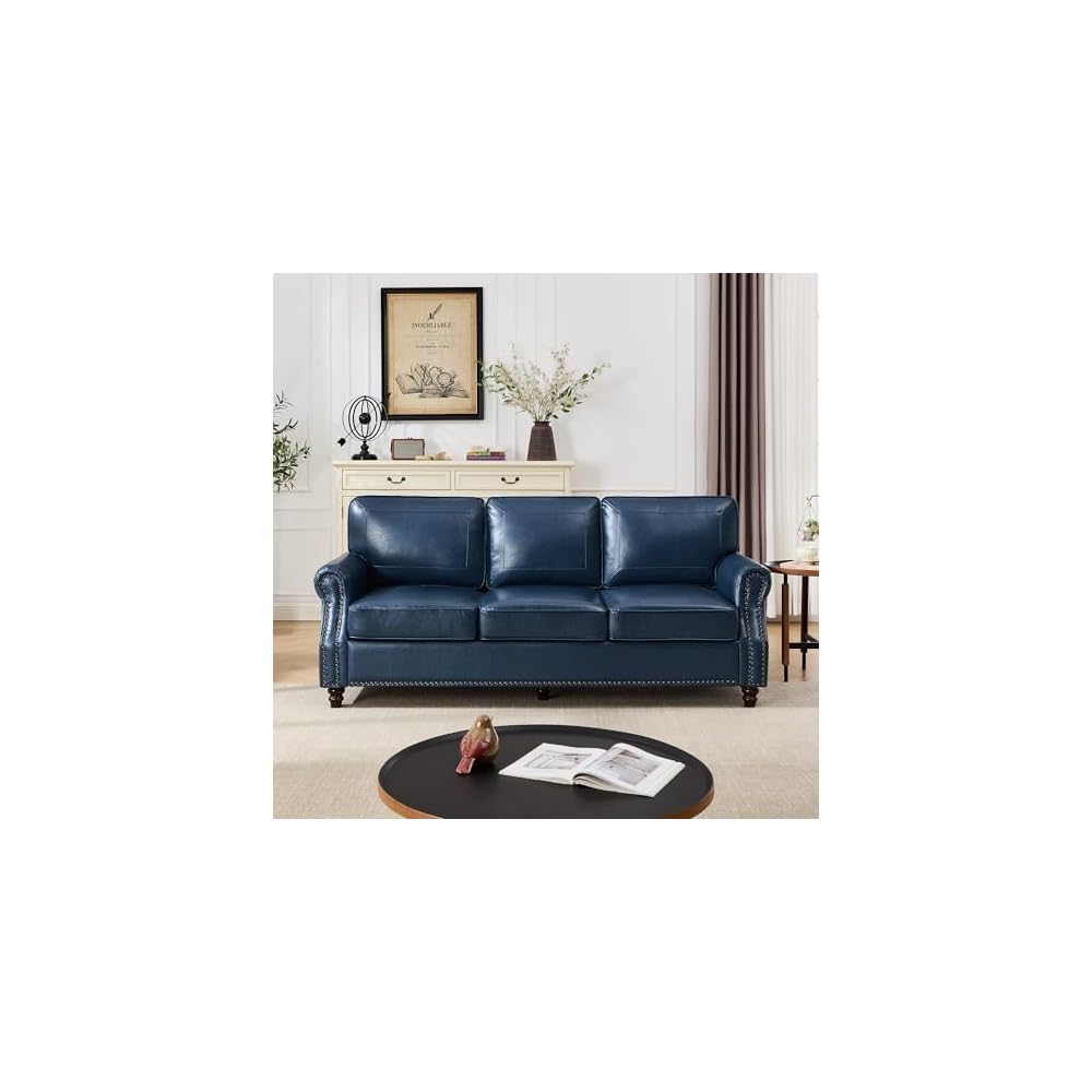 Faux Leather Sofa, Mid Century Modern Couch with Rolled Arm & Nailhead Trim for Living Room, Office - Blue