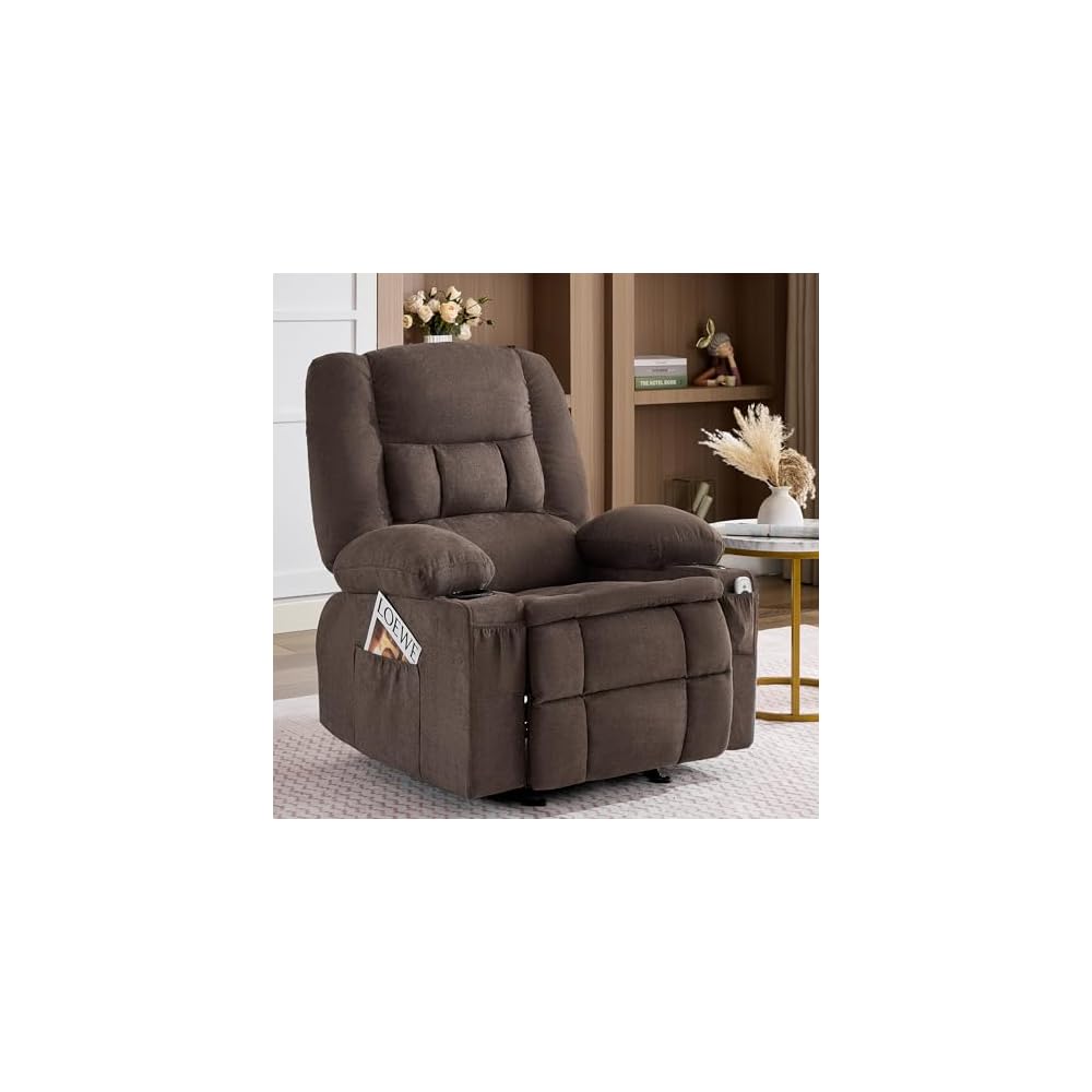 Rocker Recliner Chair with Massage and Heat, Nursery Rocking Chairs for Living Room, Ergonomic Comfy Relining Chair with Cup Holders, USB Charge Port, Side Pockets, Comfortable Arm, Single Sofa, Beige