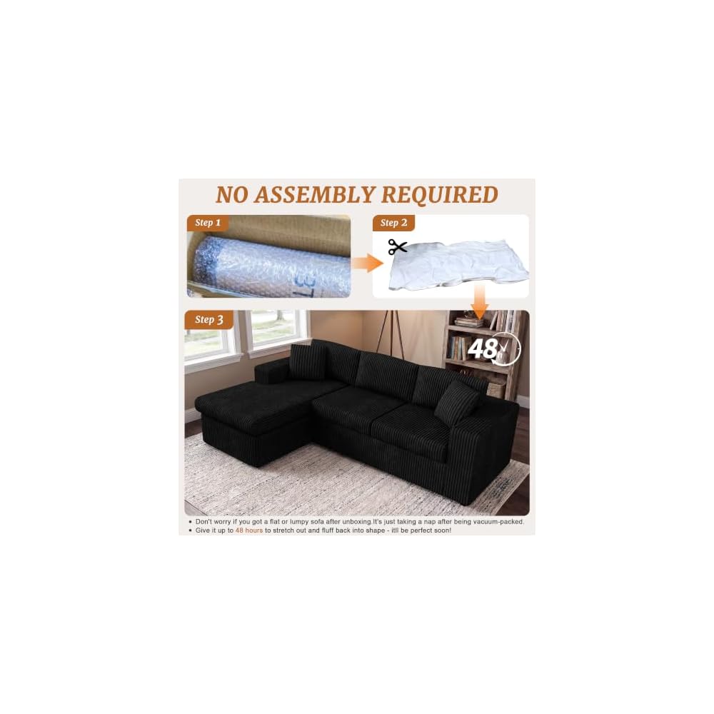 103" Boneless Couch, L Shaped Modular Sectional Sofa with Deep Seat, Cloud Foam Couch with Oversized Chaise Lounge, No Assembly Required Plush Corduroy Living Room Furniture, Black