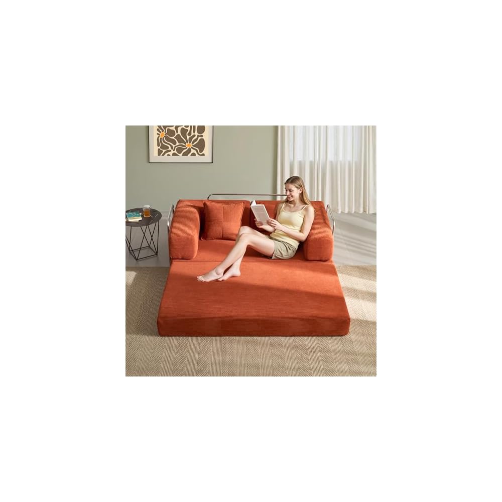 Sofa Bed, 62'' Folding Floor Couch, Compressed Convertable Sleeper Sofa, Memory Foam Couch with Pillow Back Support Armrest, 4-in-1 Futon Sofa Bed for Living Room, Tangerine
