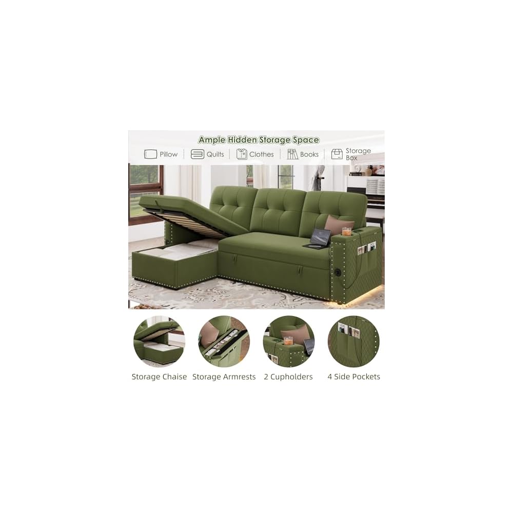 81" LED L-Shaped Sectional Couch, Sleeper Sofa Bed for Living Room, Green