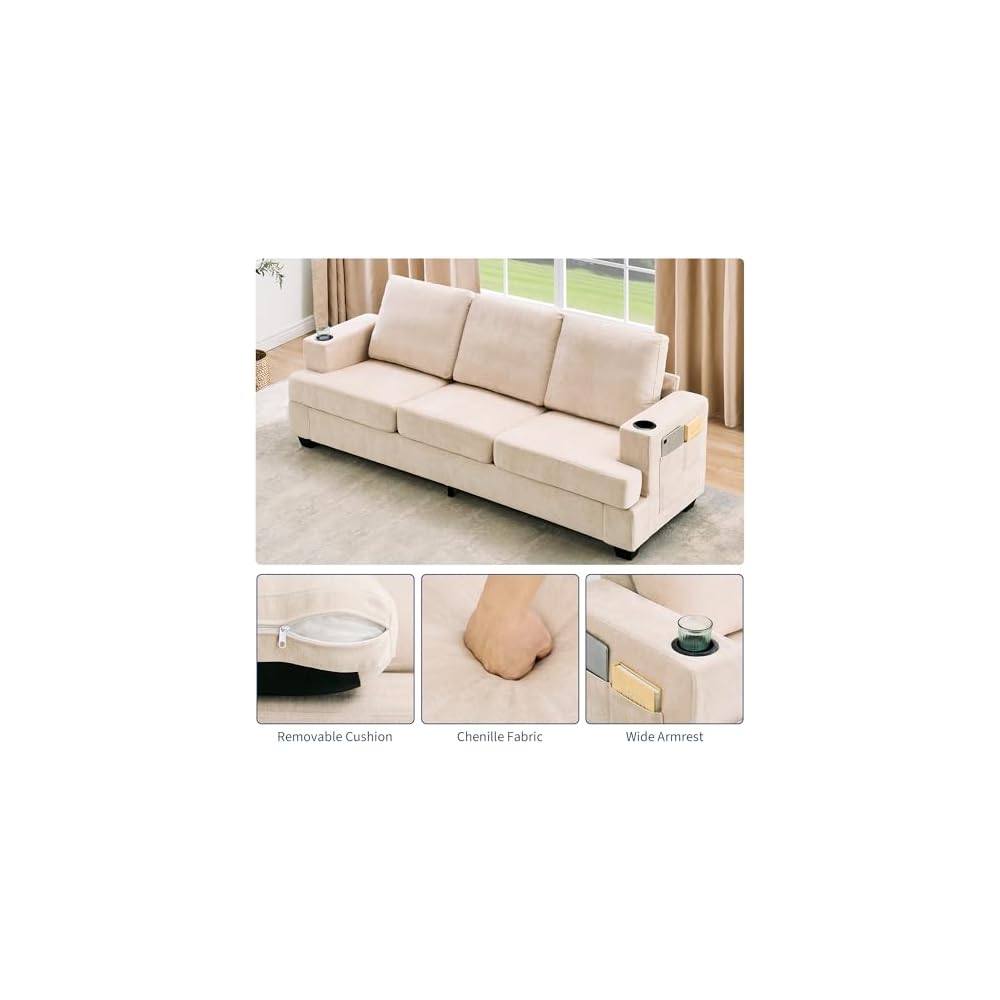 Chenille Sofa for Living Room, 89-Inch Comfy Couch with Deep Seat, Modern 3-Seater Sofa with Cup Holders and Side Storage Pockets for Apartment Lounge in Beige