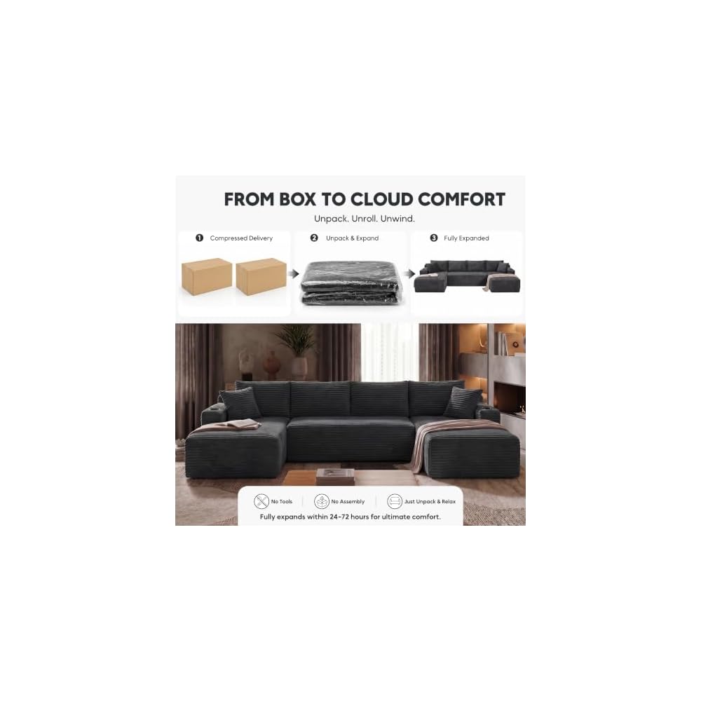 125" U Shape Sectional Couch, Boneless Couches for Living Room, Dark Grey
