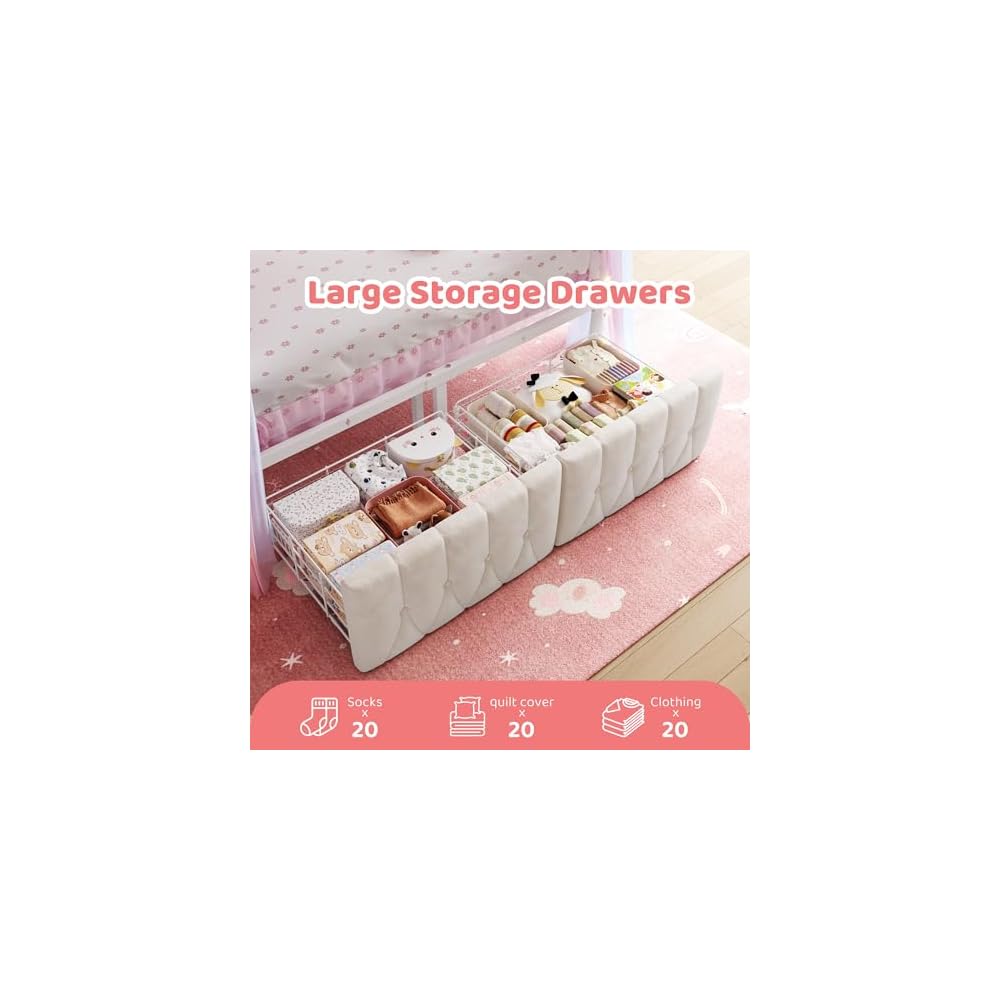 Full Canopy Bed Frame with Drawers and LED Lights & Charging,White