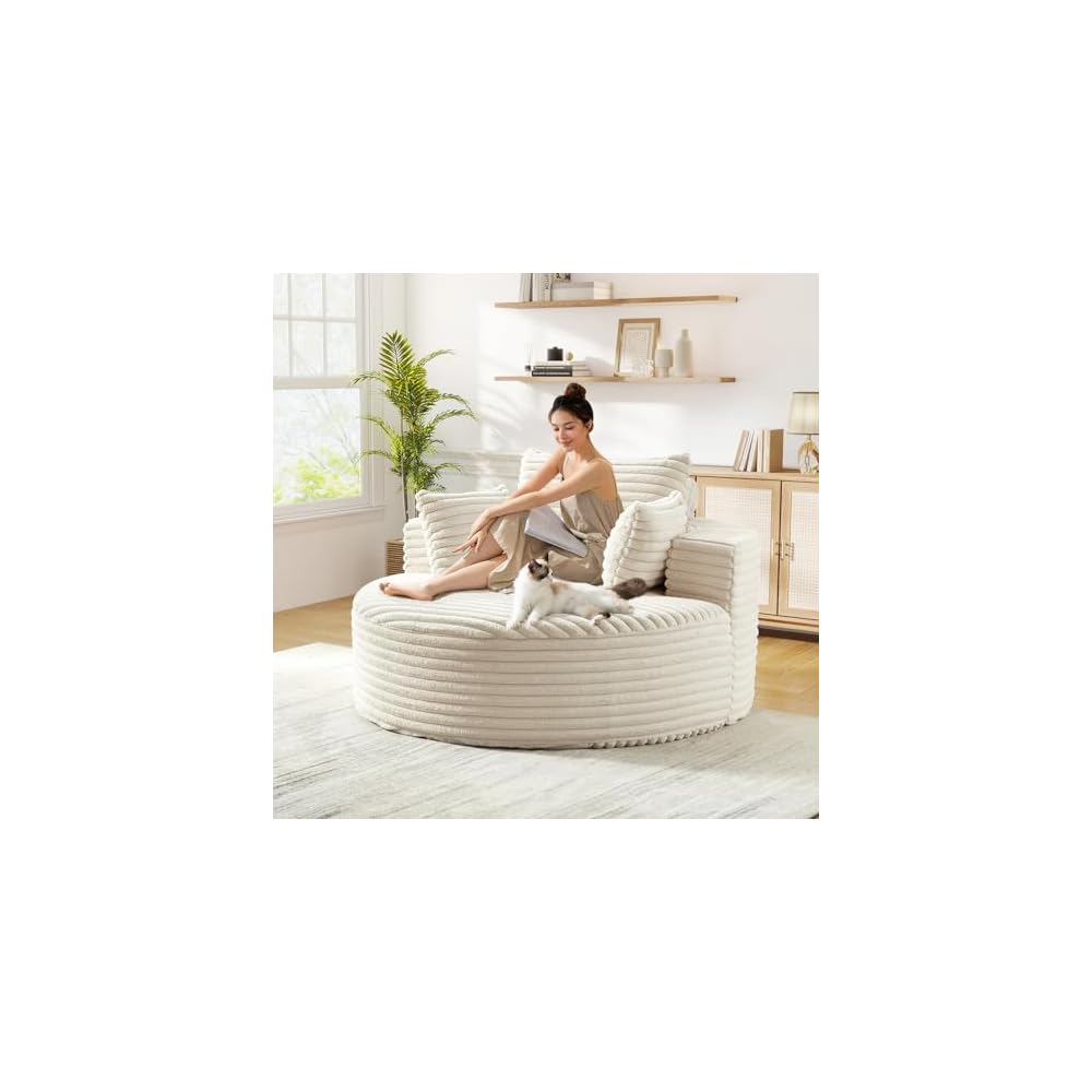 Modern Round Accent Sofa Chair for Living Room, Upholstered Corduroy Barrel Lounge Arm Chair with Large seat&Throw Pillows for Bedroom, Office, Apartment, Beige