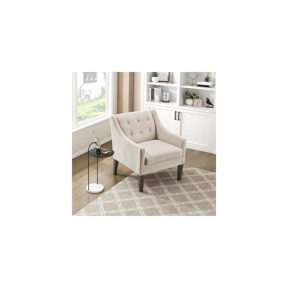 Living Room Accent Chair, Textured Fabric Upholstered Arm Chair with Button Tufted Back, Sloped Arms and Wooden Legs, Dark Gray