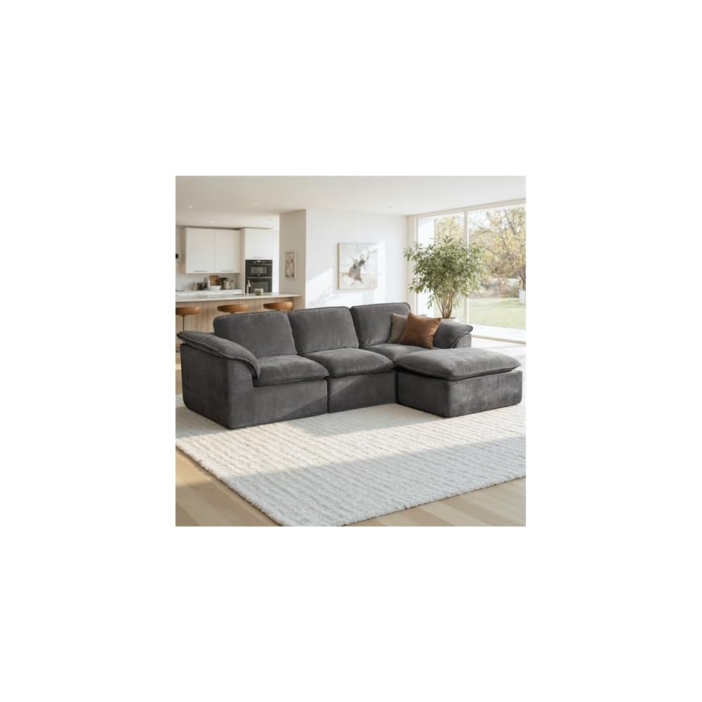 112" Cloud Couch with Padded Armrests & Moveable Ottoman Dark Grey