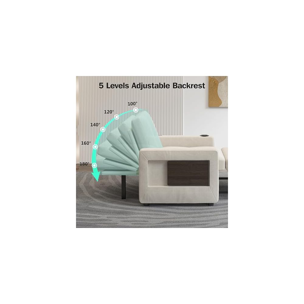 42.5" W Sleeper Chair Bed with Pull Out Bed, 3-in-1 Convertible Sleeper Sofa Chair with Adjustable Reclining Backrest, USB Ports, Side Table, Cup Holder, Side Pockets, Premium Beige Color