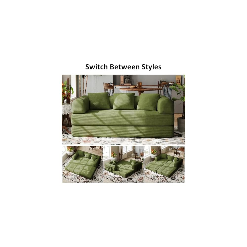 78" Corduroy Convertible Sofa Bed with Pull-Out Bed, Olive Green