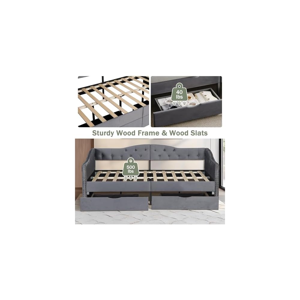 Twin Size Daybed with Storage Drawers, Upholstered Daybed, Grey