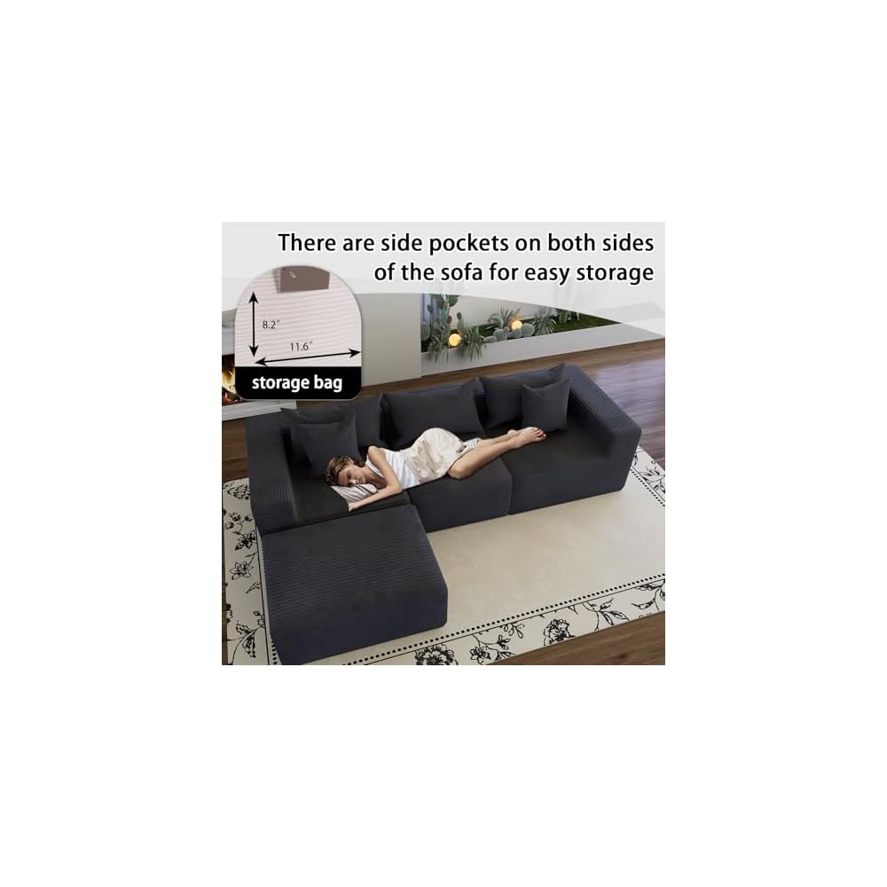 Oversized Cloud Couch Ottoman, Frameless Wide-Wale Corduroy Footrest for Living Room, High-Density All-Foam Large Rectangle Boneless Ottoman Coffee Table for Sectional Sofa (Charcoal, Ottoman)