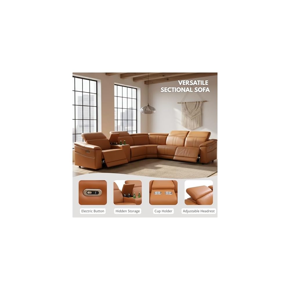 Breathing Leather Recliner Sectional Sofa, 5-Seat Power Reclining Sectional Couch with Adjustable Headrest&Storage Console, L Shaped Leather Couch for Living Room (Light Brown)