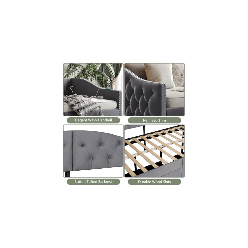 Twin Size Daybed with Storage Drawers, Upholstered Daybed, Grey