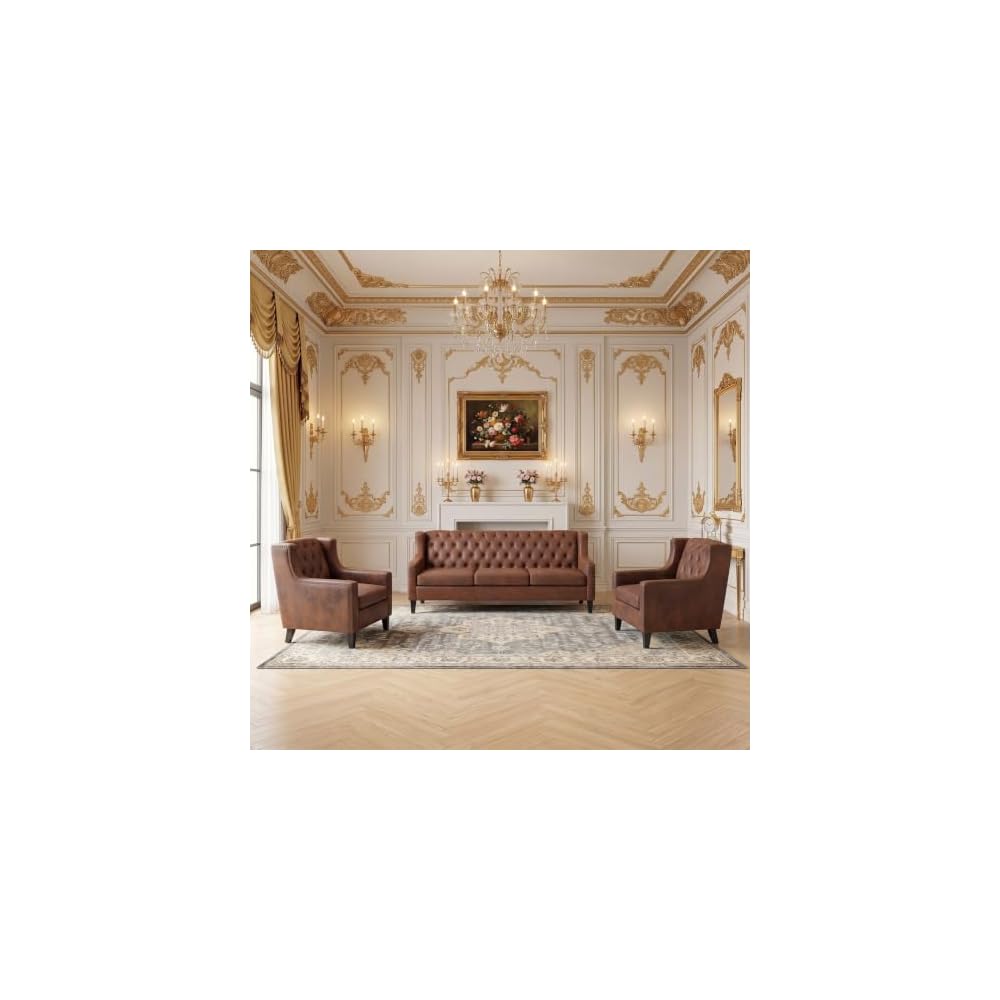 Chesterfield 3 Piece Living Room Set, 2 Tufted Accent Chairs& 3 Seat Leather Couch, Faux Leather Couch with Upholstered, Mid-Century Modern Couch Furniture for Living Room, Office, Brown