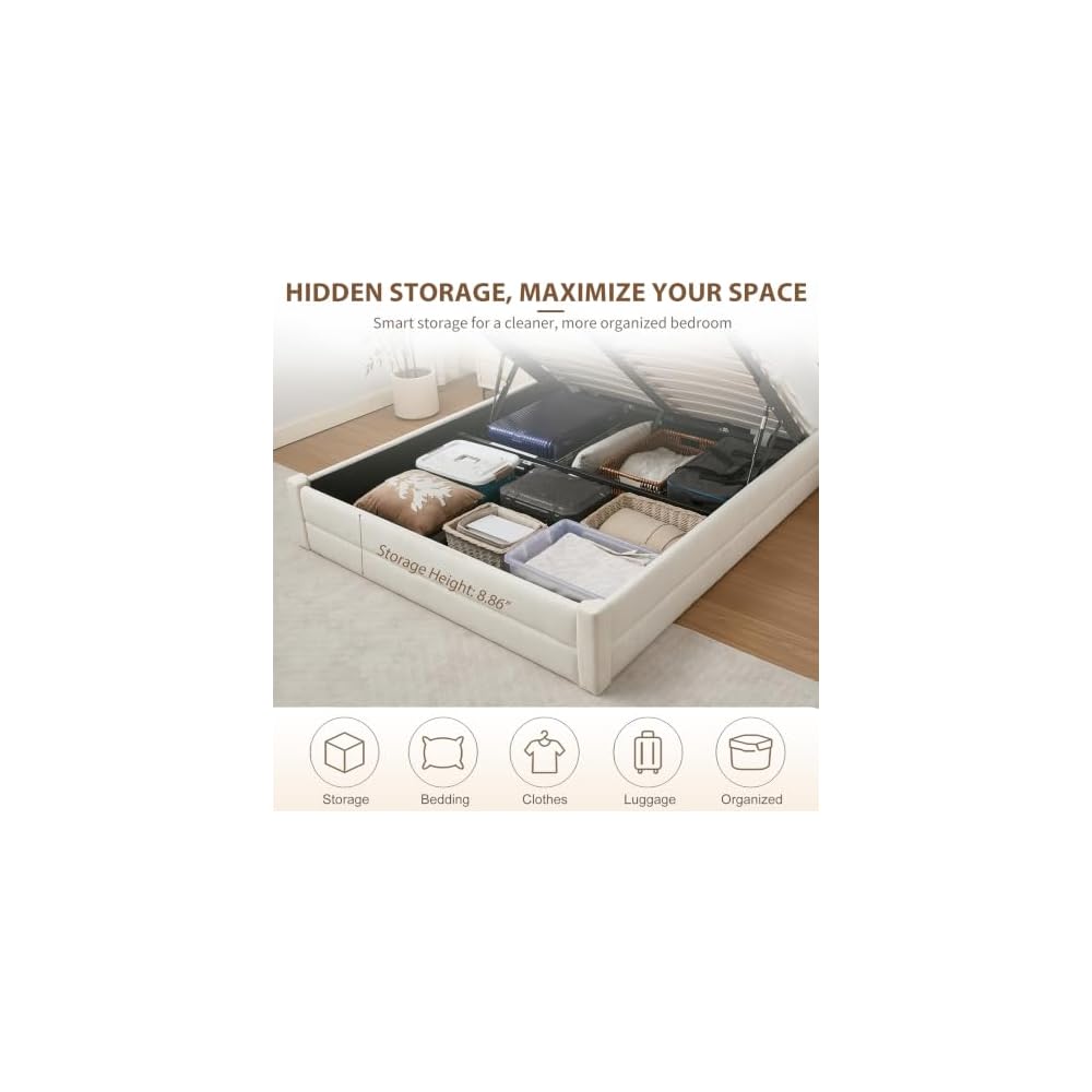 Full Size Lift Up Storage Bed Frame, Velvet-Look Upholstered Platform Bed with Clean-Lined Headboard, Hydraulic Lift, No Box Spring Needed, Cream White