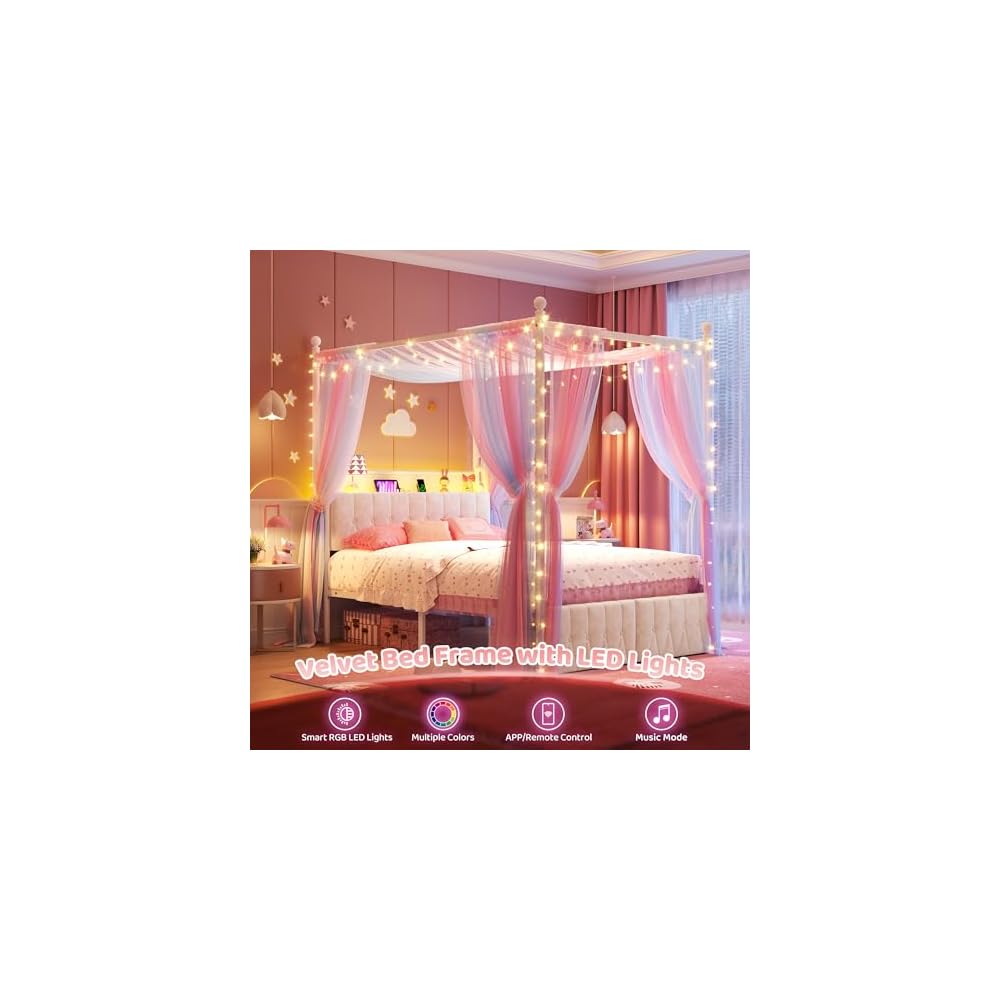 Full Canopy Bed Frame with Drawers and LED Lights & Charging,White