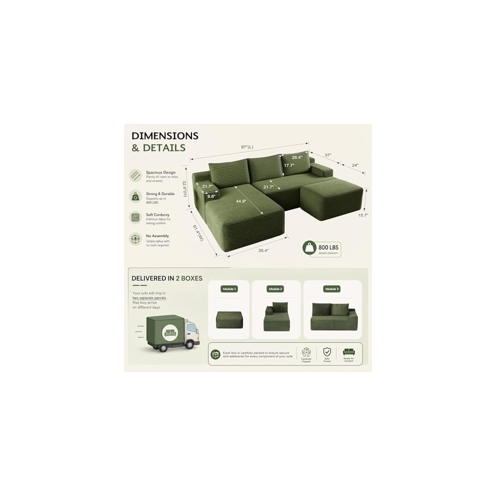 Boneless Couch Comfy Sectional Couches for Living Room,U Shaped Modular Cloud Couch Sofa, Minimalist Modular Sectional Sofa with Deep Seat