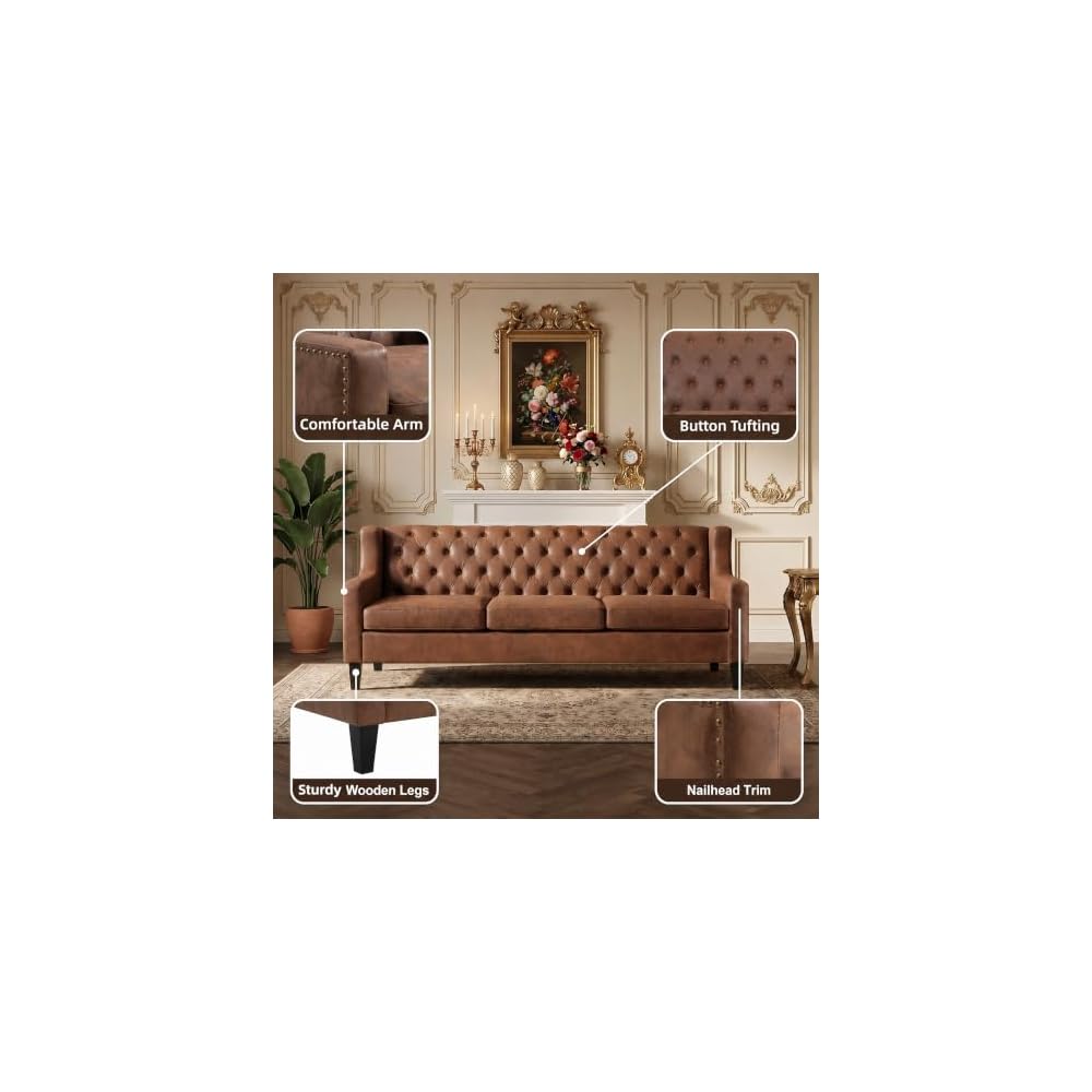 Chesterfield 3 Piece Living Room Set, 2 Tufted Accent Chairs& 3 Seat Leather Couch, Faux Leather Couch with Upholstered, Mid-Century Modern Couch Furniture for Living Room, Office, Brown