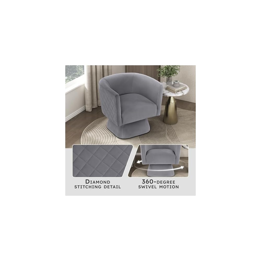 360 Degree Swivel Accent Chair, Modern Comfy Velvet Barrel Chair, Diamond Stitched Details, Plush Foam Cushions, Metal Swivel Base, for Living Room/Bedroom/Apartment/Office, Gray