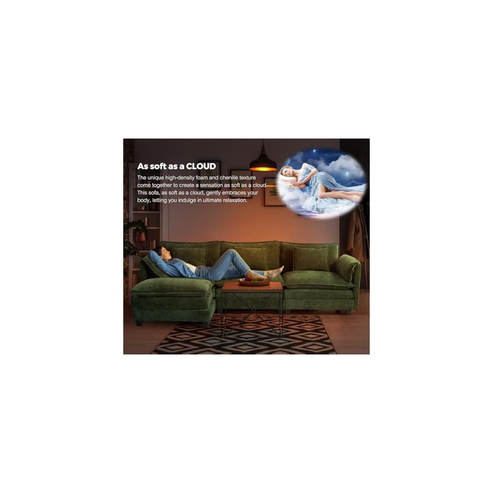 113" Oversized Modular Sectional Sofa, L Shaped Comfy Cloud Couch Sectional with Removable Cover, Wide Deep Seat Modern Sofa, Couches for Living Room, Bedroom and Apartment, Chenille, Green