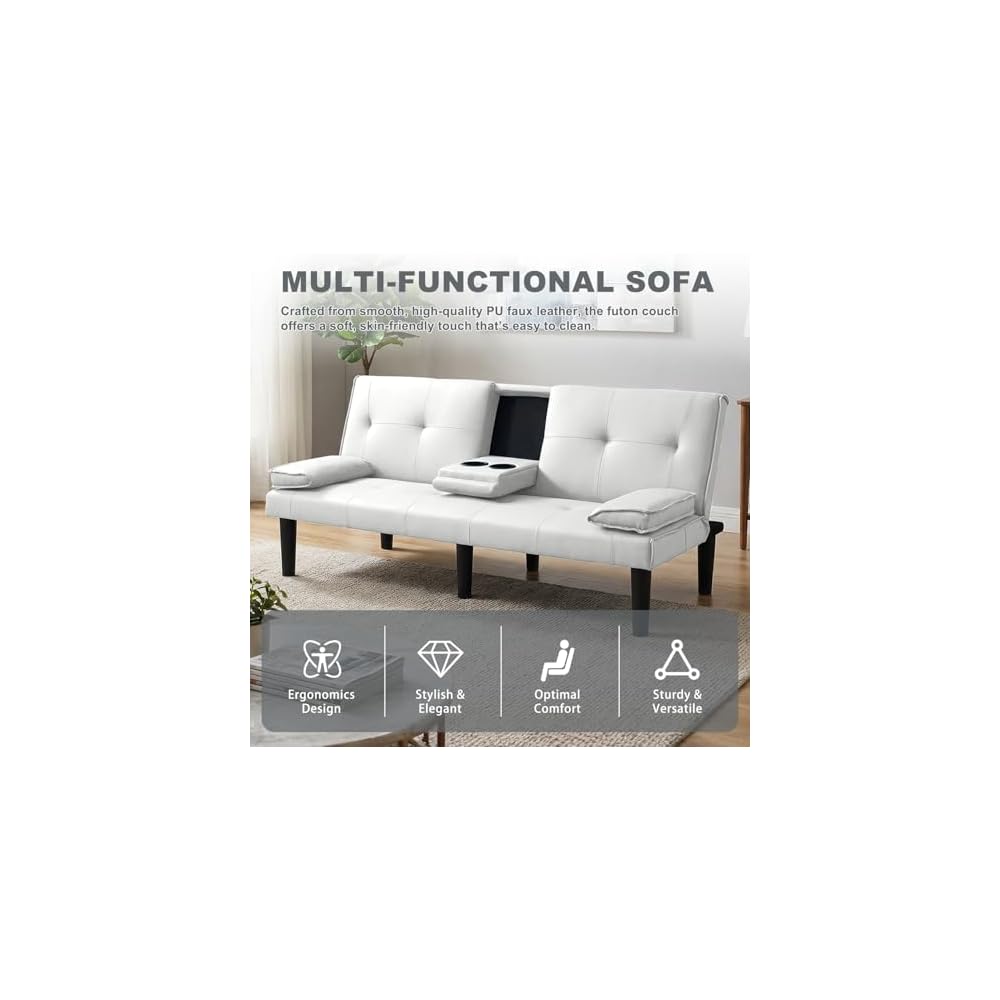 Futon Sofa Bed, Modern Convertible PU Leather Couch with Removable Armrests