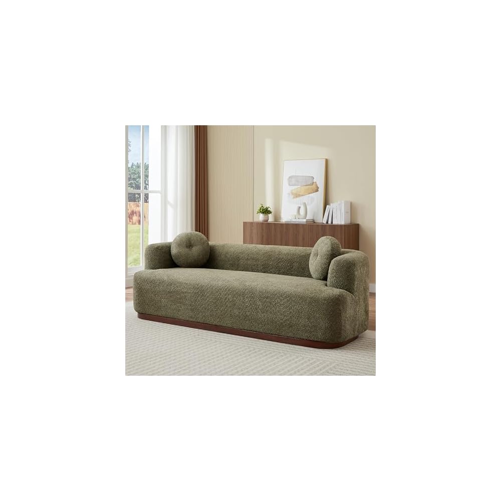 3 Seater Upholstered Sofa, Compression Couch with Solid Rubber Wood Base, Deep Seat Sofa with Accent Pillows, Modern Fabric Couch for Living Room or Apartment, Olive Green