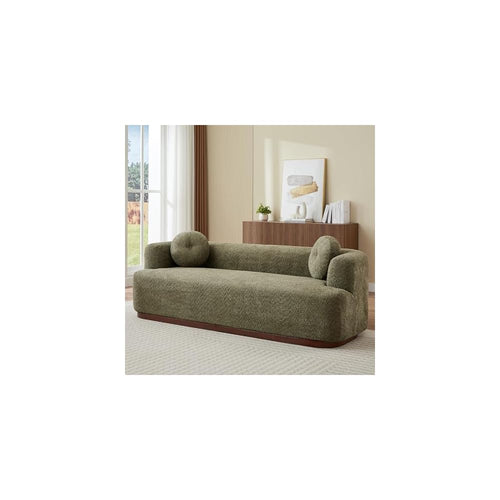 3 Seater Upholstered Sofa, Compression Couch with Solid Rubber Wood Base, Deep Seat Sofa with Accent Pillows, Modern Fabric Couch for Living Room or Apartment, Olive Green