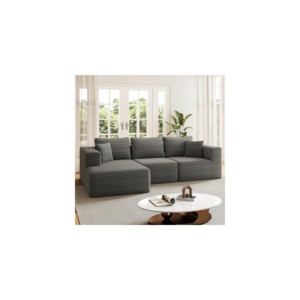 108.4" Sectional Couches for Living Room, Cloud Boneless Sofa with Oversized Chaise, Modular L-Shape Couch, Deep Seat Comfy Corduroy Fluffy Upholstered, No Assembly Required(Dark Grey)