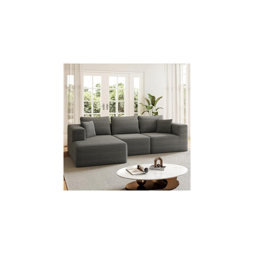 108.4" Sectional Couches for Living Room, Cloud Boneless Sofa with Oversized Chaise, Modular L-Shape Couch, Deep Seat Comfy Corduroy Fluffy Upholstered, No Assembly Required(Dark Grey)