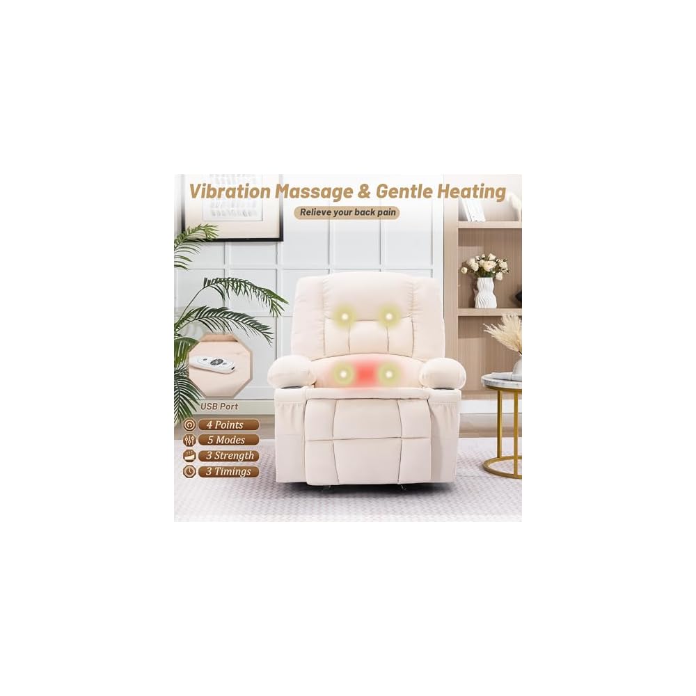 Rocker Recliner Chair with Massage and Heat, Nursery Rocking Chairs for Living Room, Ergonomic Comfy Relining Chair with Cup Holders, USB Charge Port, Side Pockets, Comfortable Arm, Single Sofa, Beige