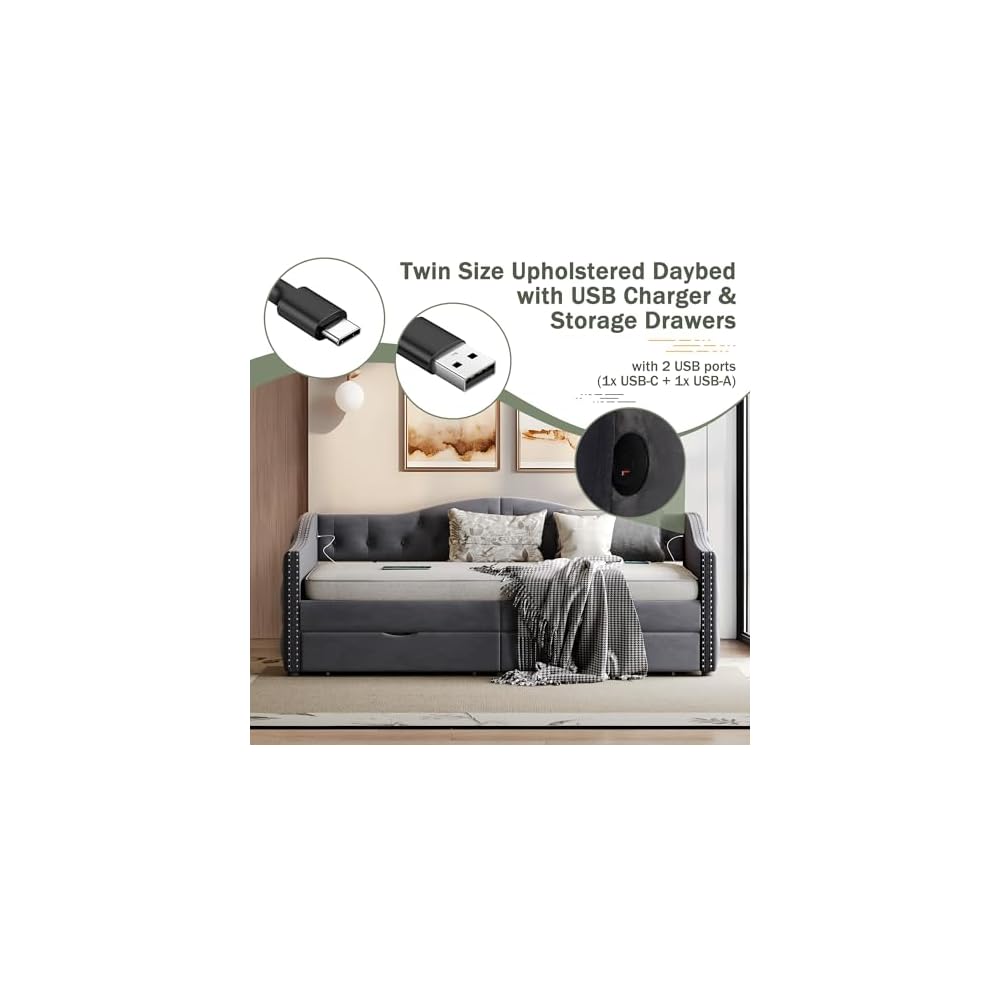 Twin Size Daybed with Storage Drawers, Upholstered Daybed, Grey